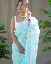 Teal Chikankari Work Pure Organza Saree